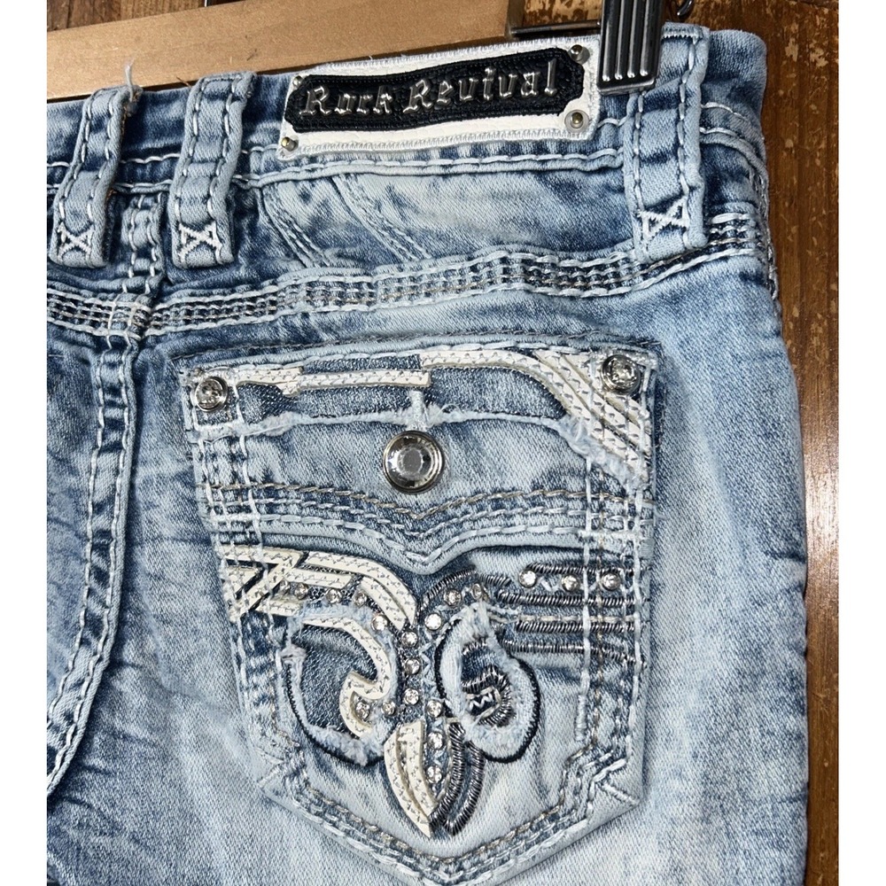 Women's Rock Revival Dao Boot Cut Jeans Swarovski Crystals Leather Inserts Sz 24